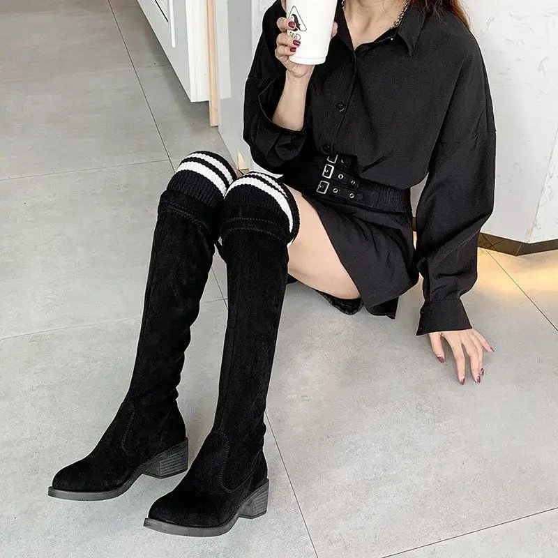 Knee Thigh High New In Women\'s Sock Boots Hot Padded Long Shoes for Women Winter 2024 Elastic Black on Promotion with Low Heels