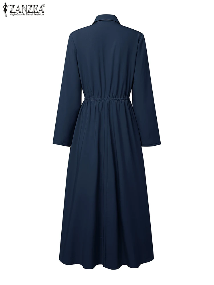 Zanzea feminino elegante camisa longa vestidos sem cinto outono manga longa maxi vestidos 2025 moda plissado escritório festa robe