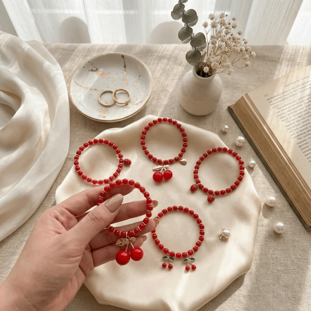 Cute Beaded Stackable Bracelet Set Fruit Strawberry Red Cherry Hand Chain Heart Lightweight Hand Jewelry Girl