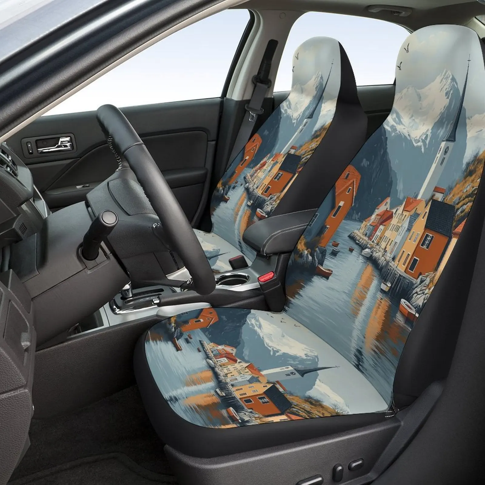 Alpine Village Lake Themed Car Seat Cover Set - Trendy High-Quality Polyester Full Set For Most Cars, Universal Fit For 2 Front