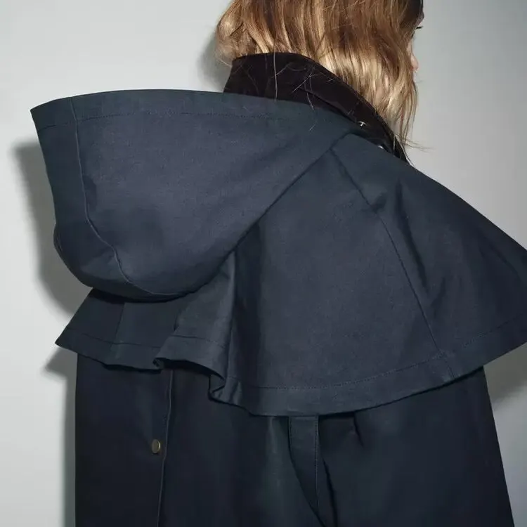 خريف جديد وصول المرأة معطف 2025 Sle مقنعين اللون بلو طوق سترة واقية الشارع Faion طويل Sve منتصف طول بوليز...