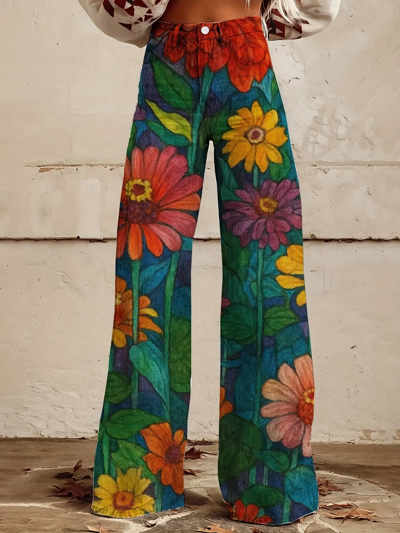 Ladies' loose and elegant retro printed straight leg pants with hidden zipper design,