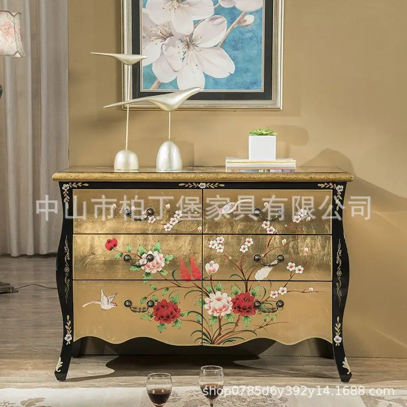 Bucket cabinet painted retro solid wood new Chinese gold foil bright light bedroom drawer storage cabinet living room vertical