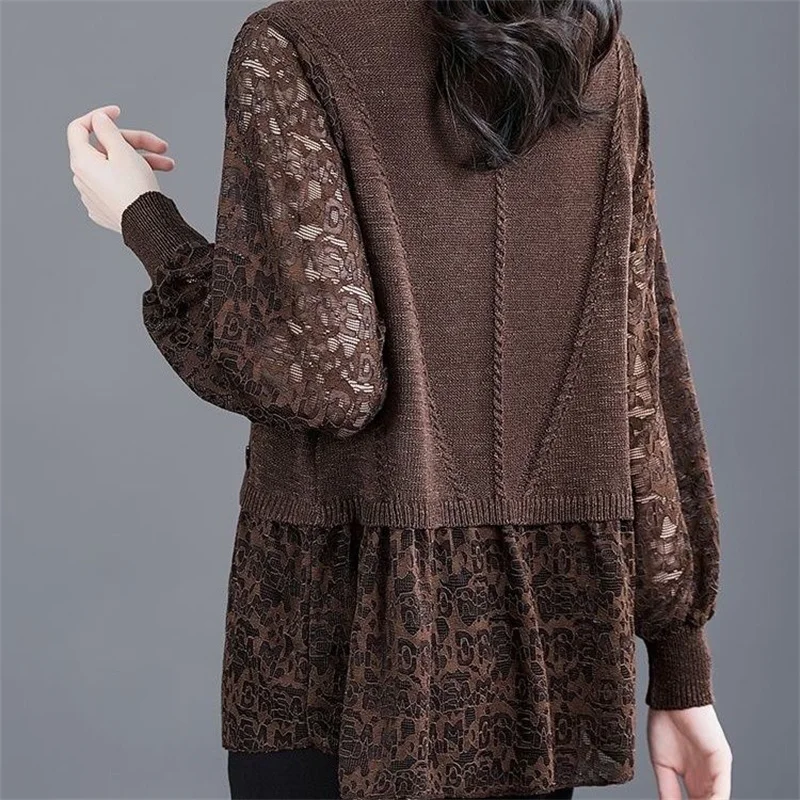 Ladies Fashion Lace Shirts Spring Autumn New High End Fake Two Pieces Knitted Pullovers Women Large Size Patchwork Sweater 6XL