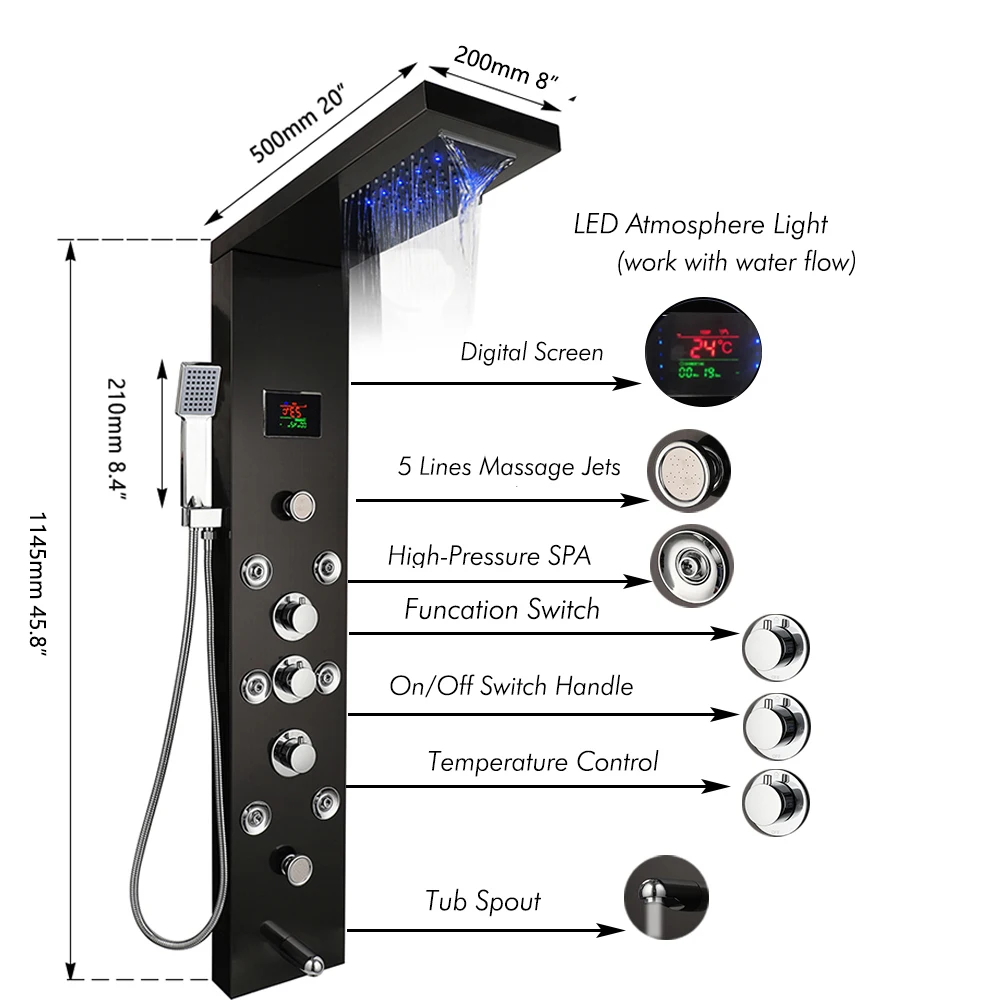 ZAPPO Black Bath Shower Faucet Temperature Digital Display Shower Panel Body Massage System Jets LED Shower Column Faucets Set