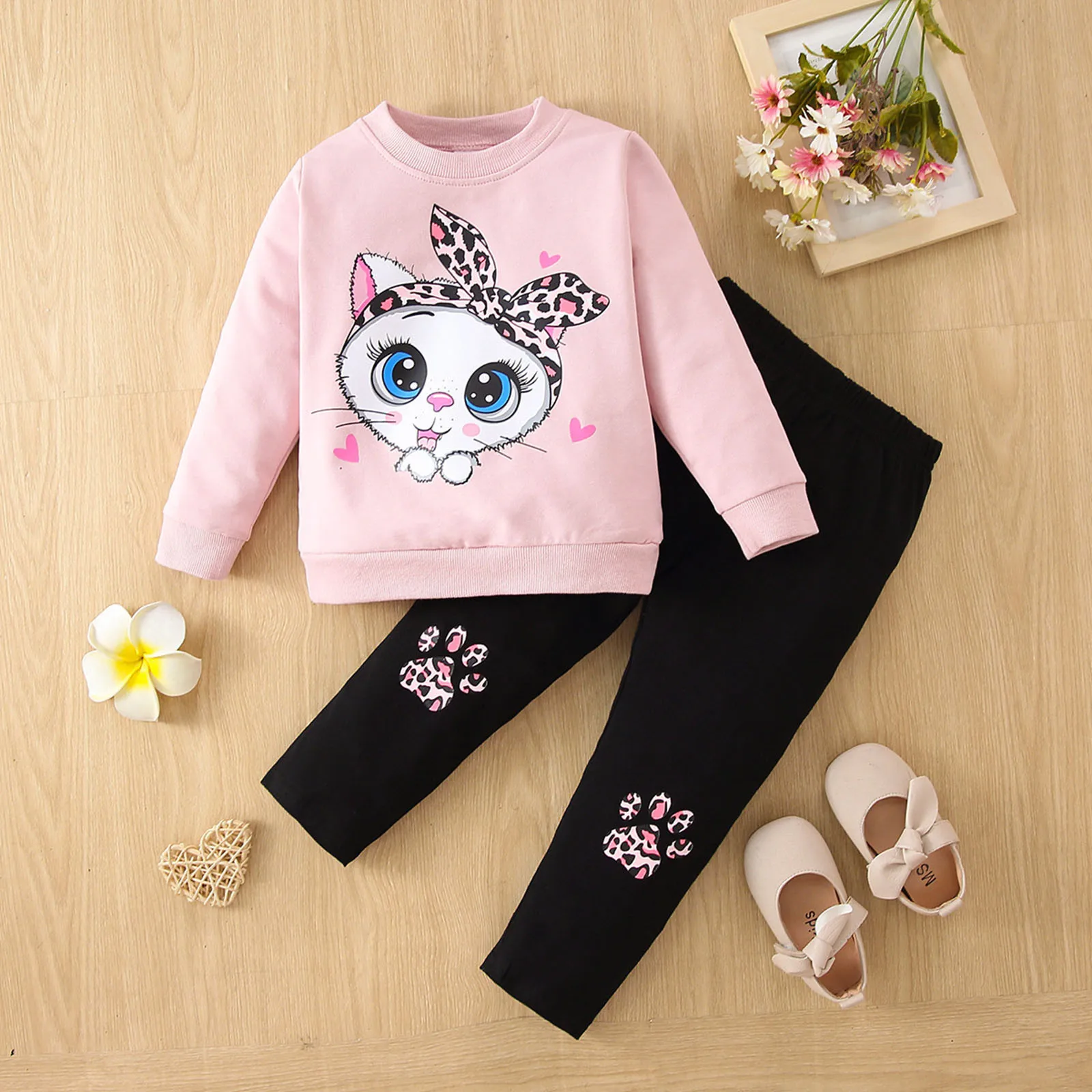 Cartoon Kitten Sweatshirt Trousers Jogger Outfits 1-6T Sweatsuit Toddler Baby Girls Pants Set Long Sleeve Pullover+Pants