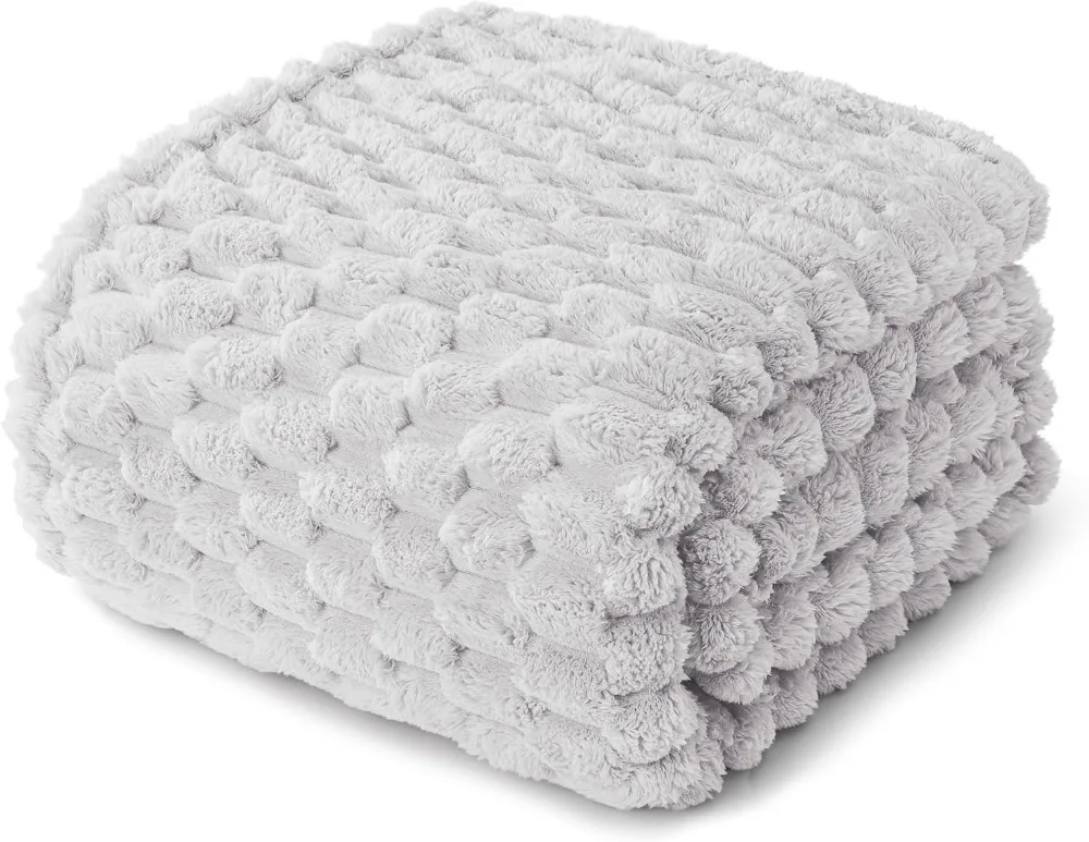 Luxury Super Soft Fleece Queen Blanket, Lightweight Breathable Summer Bedspread, 3D Jacquard Cozy Plush Decorative Throw, 90x90 Inch, Light Grey