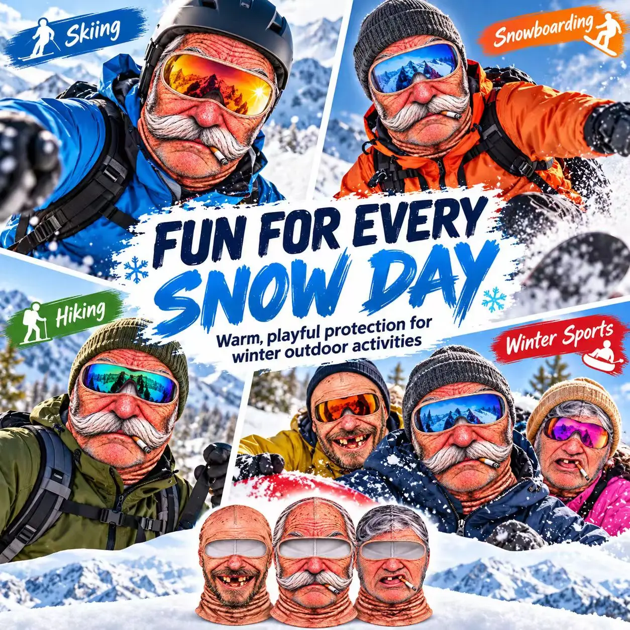 Winter Funny Christmas Man Old Man Ski Mask Full Face Balaclava 3D Printed Full Faced Mask for Skiing Snowboarding Outdoor Sport