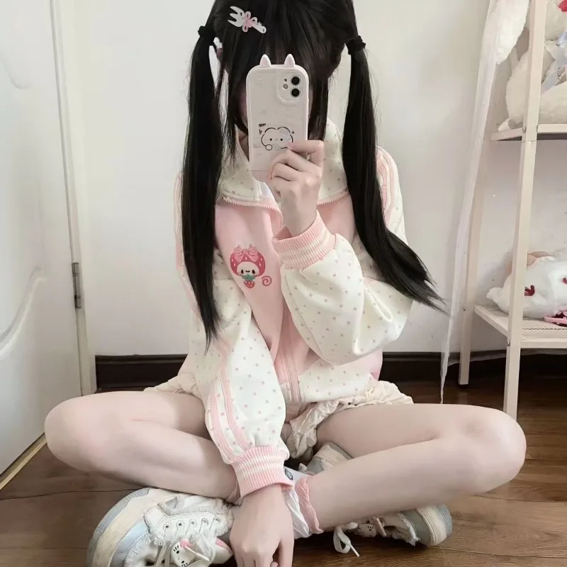 Japanese Sweet Strawberry Chocolate Coat Original Cute Spring Sailor Collar Zipper Sweatshirt Women Cute Anime Subculture Tops