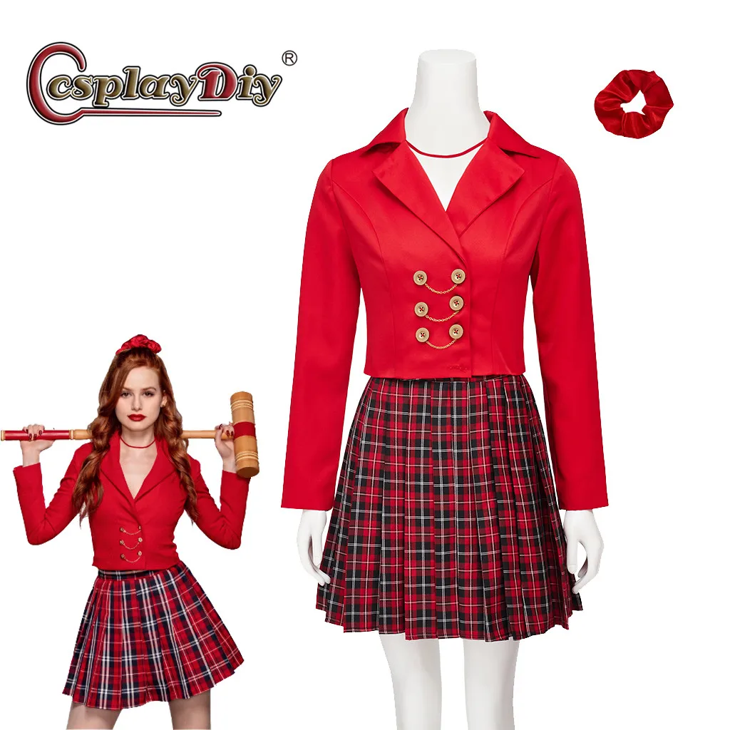 

Cosplaydiy Musical the Heathers 3 Madelaine Petsch Cosplay Costume Red Uniform Top Mini Skirt Headband Set Outfit Halloween suit