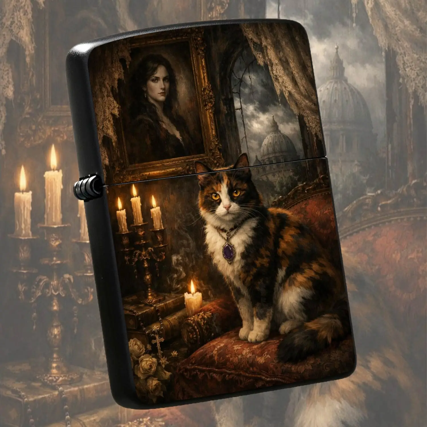 Gothic Vintage Tortoiseshell Cat Lighter, Atmospheric Candlelit Old Mansion Oil Painting Style Accessory, Portable Exquisite Ignition Tool, Unique Creative Ritual Practical Gift for All Occasions A Humorous And Interesting Lighter