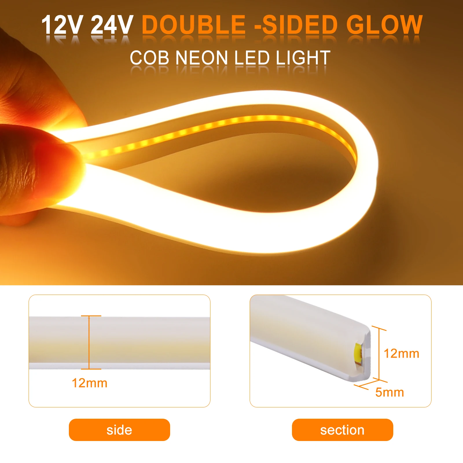 IP67 Waterproof DC12V 24V COB LED Neon Strip Light Double-sided Glow 320LEDs Warm Natural White Flex Tape for Room Outdoor Decor