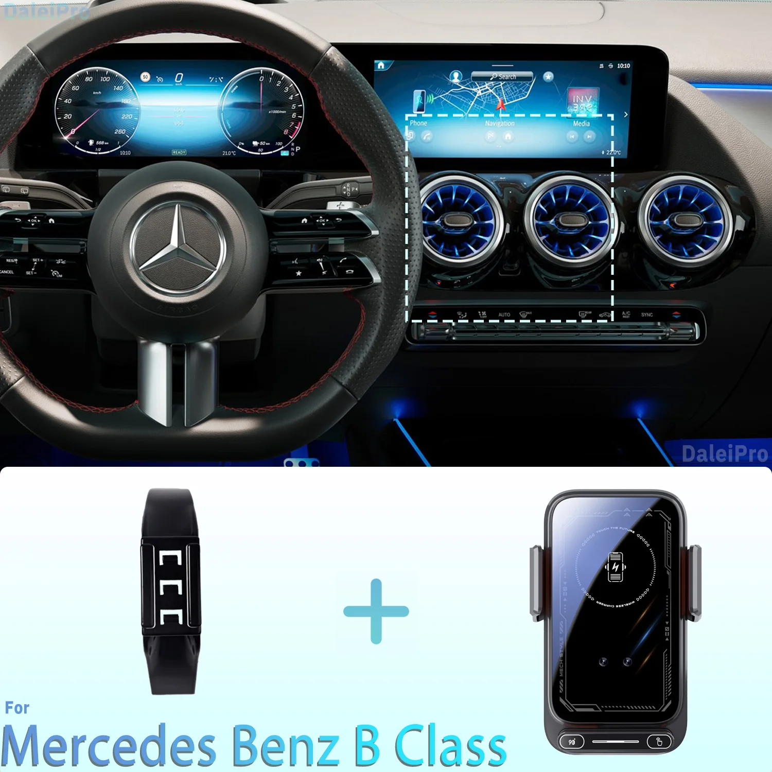 Suporte para Telefone Magnético para Carro para Mercedes Classe B W247 2020-2023 2024, Carregamento Sem Fio com Sensor Inteligente e Liberação com Um 