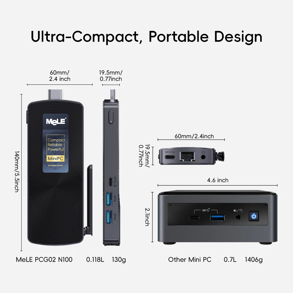 MeLE PCG02 Fanless Mini PC Stick N100 8GB LPDDR4 128GB Micro Desktop Computer with Full Function USB-C, 2.4G/5.0G WiFi, 4K HDMI