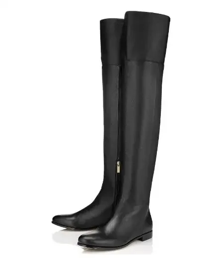 

Winter Classic Black Brown Leather Round Toe Hidden Zipper Flat Over The Knee Thigh Leisure Boots Women Long Knight Botas Shoes