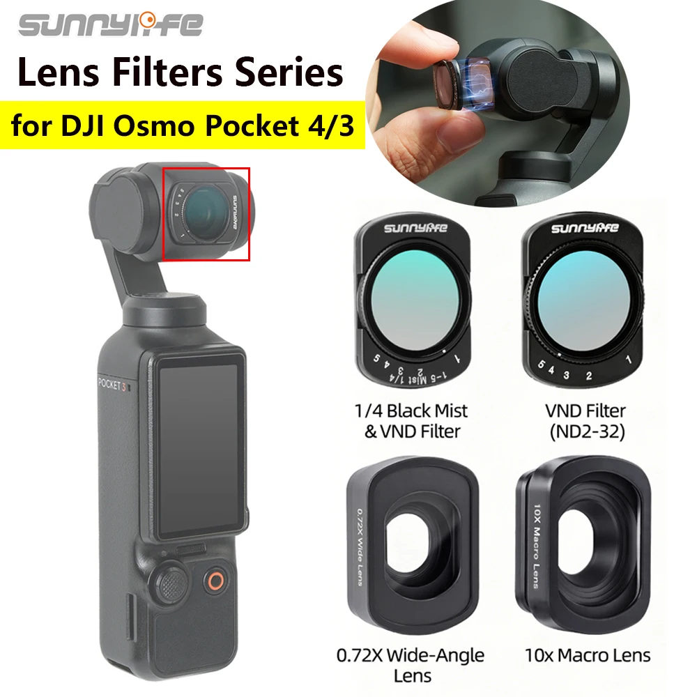 

Sunnylife Wide Angle Lens Magnetic Camera External Lens Filters 1/4 Black Mist/VND2-32 Macro Filter for DJI OSMO Pocket 4/3