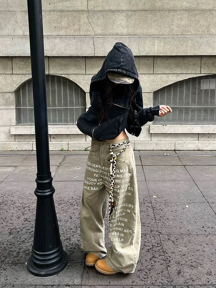 Graphic Letter Print Trousers Unisex American Streetwear Loose Wide Leg Pants Casual Straight Fit Floor Length Retro Y2K Style