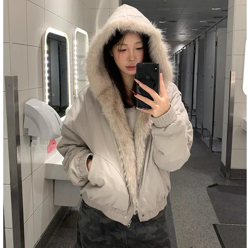 Casual Women Streetwear Loose Coats Retro Motorcycle Cotton Jacket Autumn Winter Warm Fur Hooded Parkas Female Thick Overcoat
