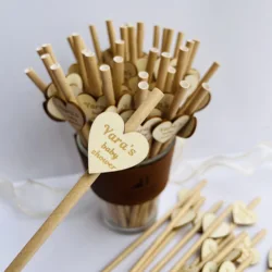 Personalized Engraved Paper Straw Hangs Wood Love Heart Customized Straw Wedding Favors Baby Shower Party