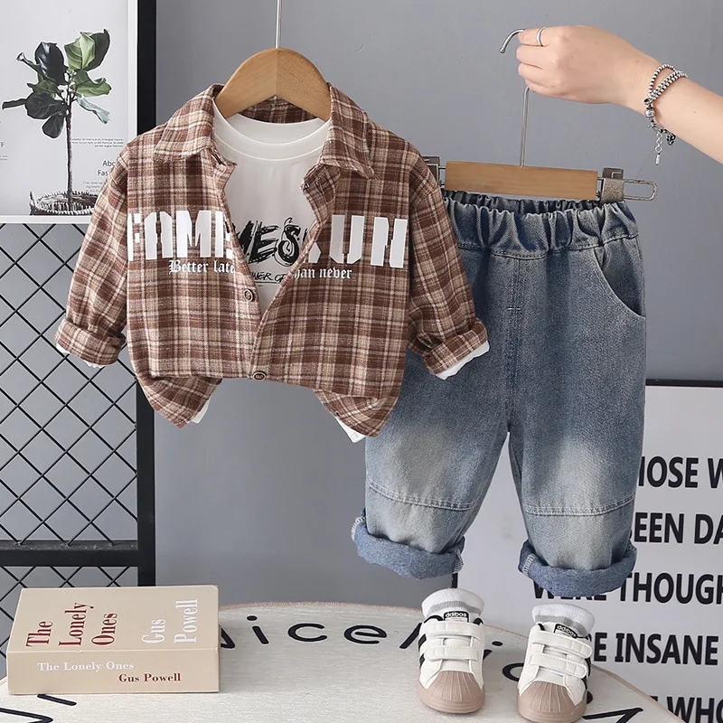 0-5 Years Baby Boys Spring Clothing 2026 New Toddler Boys Casual Letter Plaid Shirts + T-shirts + Jeans 3 Piece Set Kids Outfits