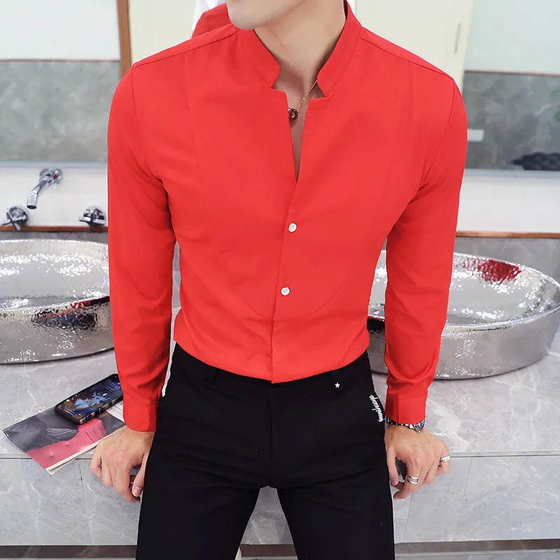 Plus Size 5XL-M New Stand Collar Shirt Men Long Sleeve Solid Slim Fit Casual Shirt Black White Red Business Social Dress Shirts