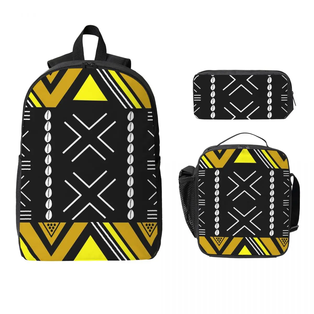 

African Bogolan Backpack Student BookBag School Bag Laptop Shoulder Bags 3ps Insulated Lunch Bag Pencil Case