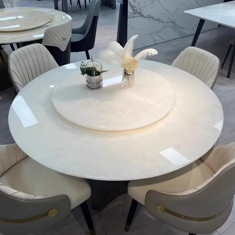 White Ice Jade Minimalist Modern Design Rotating Marble Top Dining Table Chair Set For Villa Large Apartment