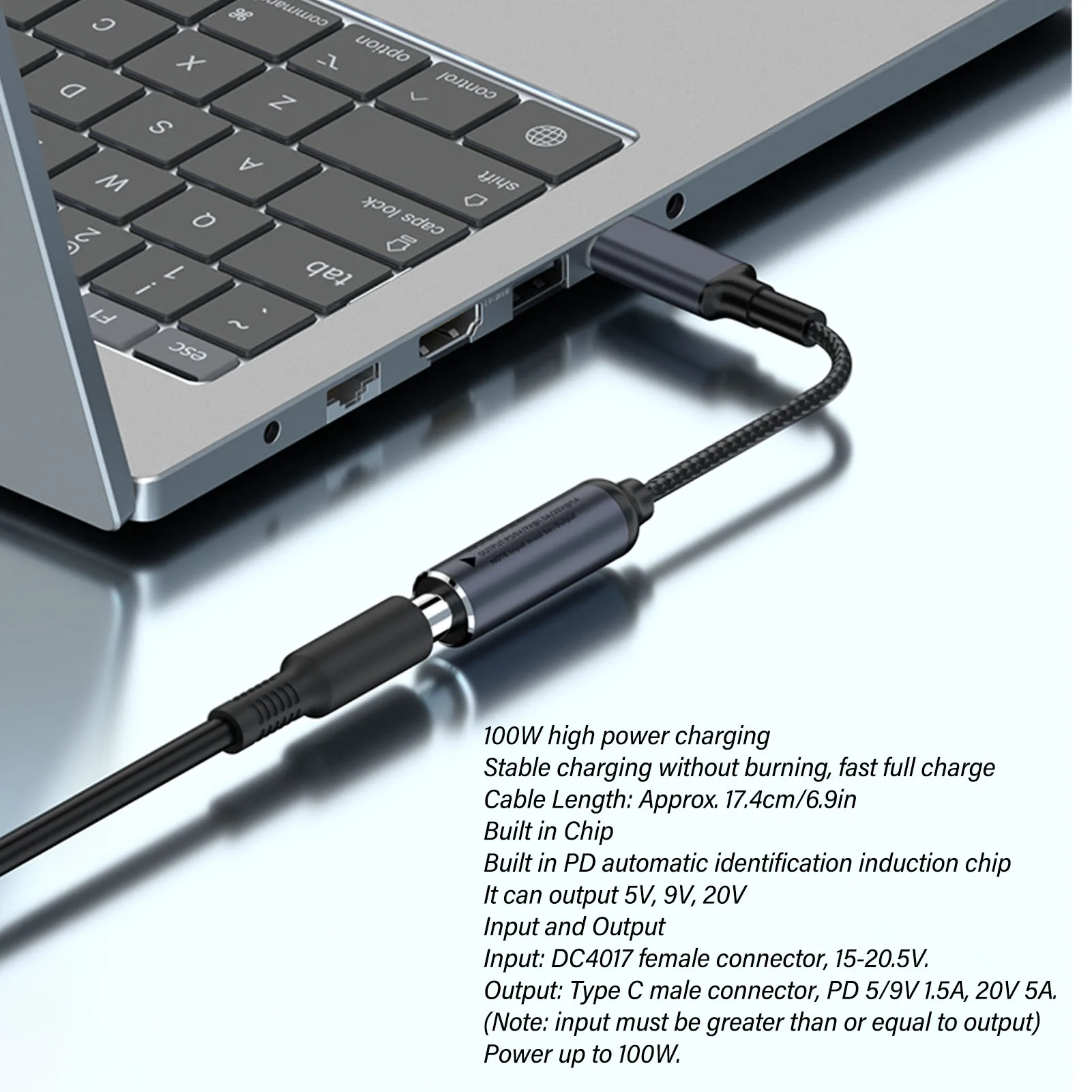 PD  To Type C Cable 6.9in Length Nylon Braiding Wire 100W  4.0mmx1.7mm Female Input To USB Type C Male Cable for Phones