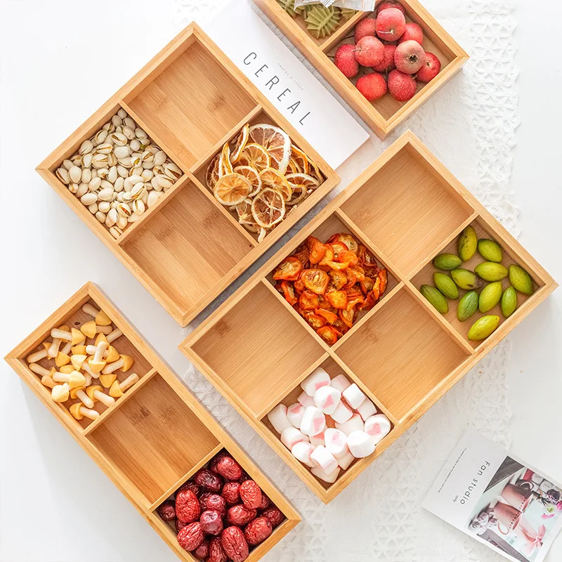 Bamboo Desktop Food Tray, Fruit Plate, Appetizer Serving Tray, Divided Platter, Chick 9 Grid Vegetable Tray, Snack Storage Tray