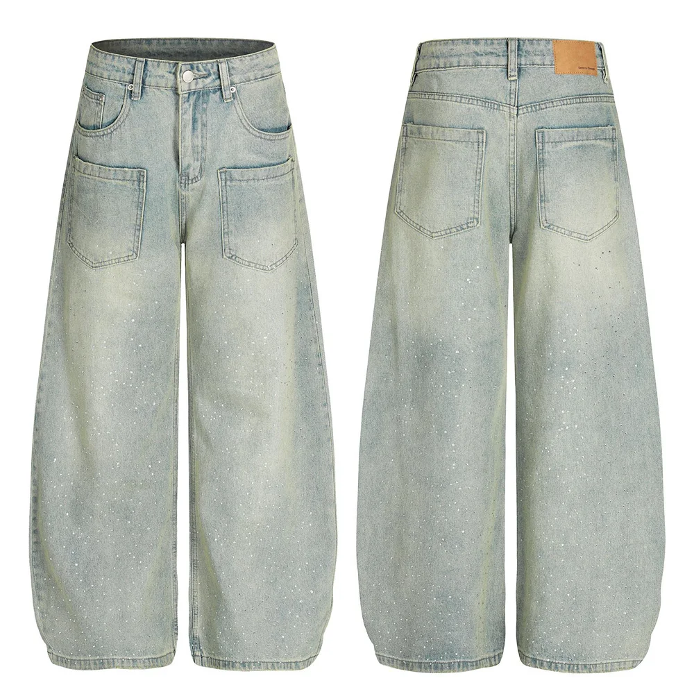 

Men Women Vintage Hot Stamping Denim Baggy Jeans Pants Unisex Streetwear Loose Casual Wide Leg Machete Pant Jeans Trousers