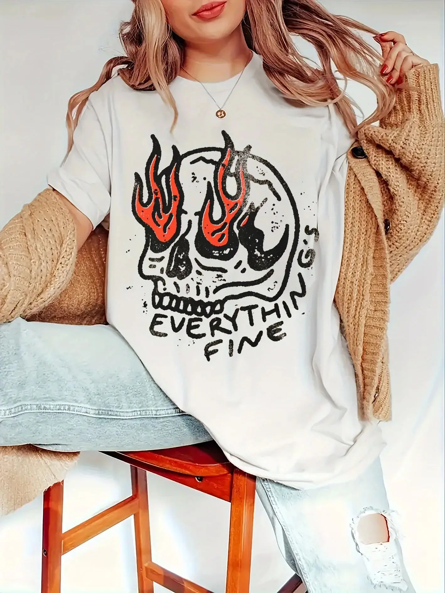 

Letter & Skull Print Crew Neck T-Shirt Casual Loose Short Sleeve T-shirts for Summer Plus Size Women's Breathable Cotton Clothes