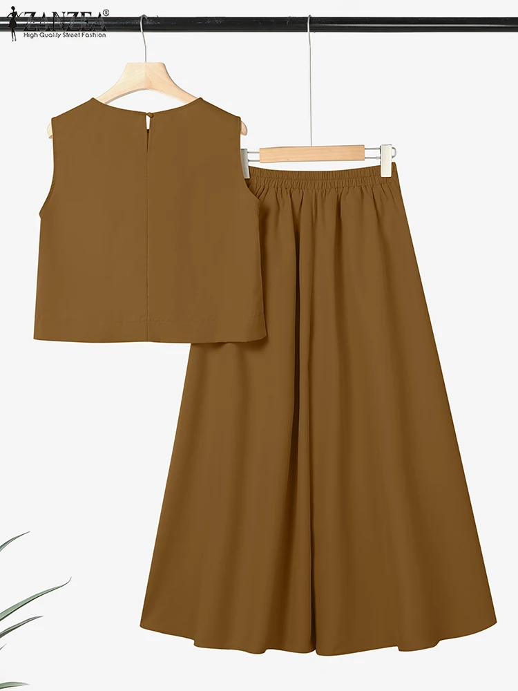 ZANZEA ฤดูร้อนกางเกงขากว้าง 2 ชิ้นชุดหลวม Crop Tops ผู้หญิงแฟชั่น 2 ชิ้นชุดสบายๆกางเกงชุด