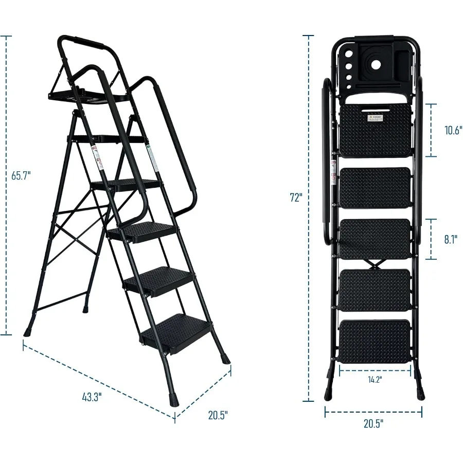 6 Step Ladder with Handrail, Folding Step Stool with Wide Anti-Slip Pedal, Ladders for Home, Sturdy Steel Ladder, Lightweight,