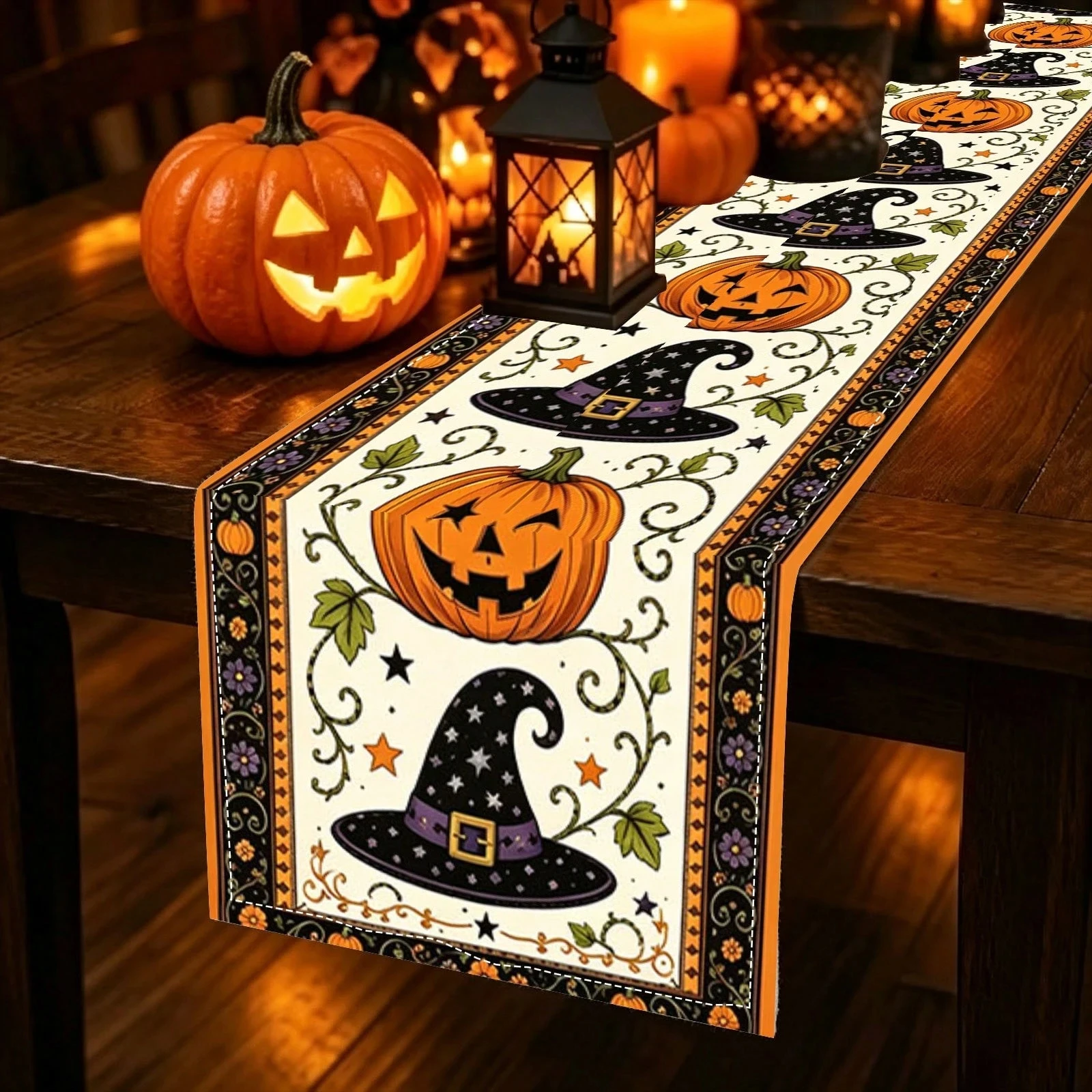 1pc Halloween Linen Table Runner Cute Pumpkin Witch Hat Art Print for Dinner Table Kitchen Living Room Spooky Theme Party Home D