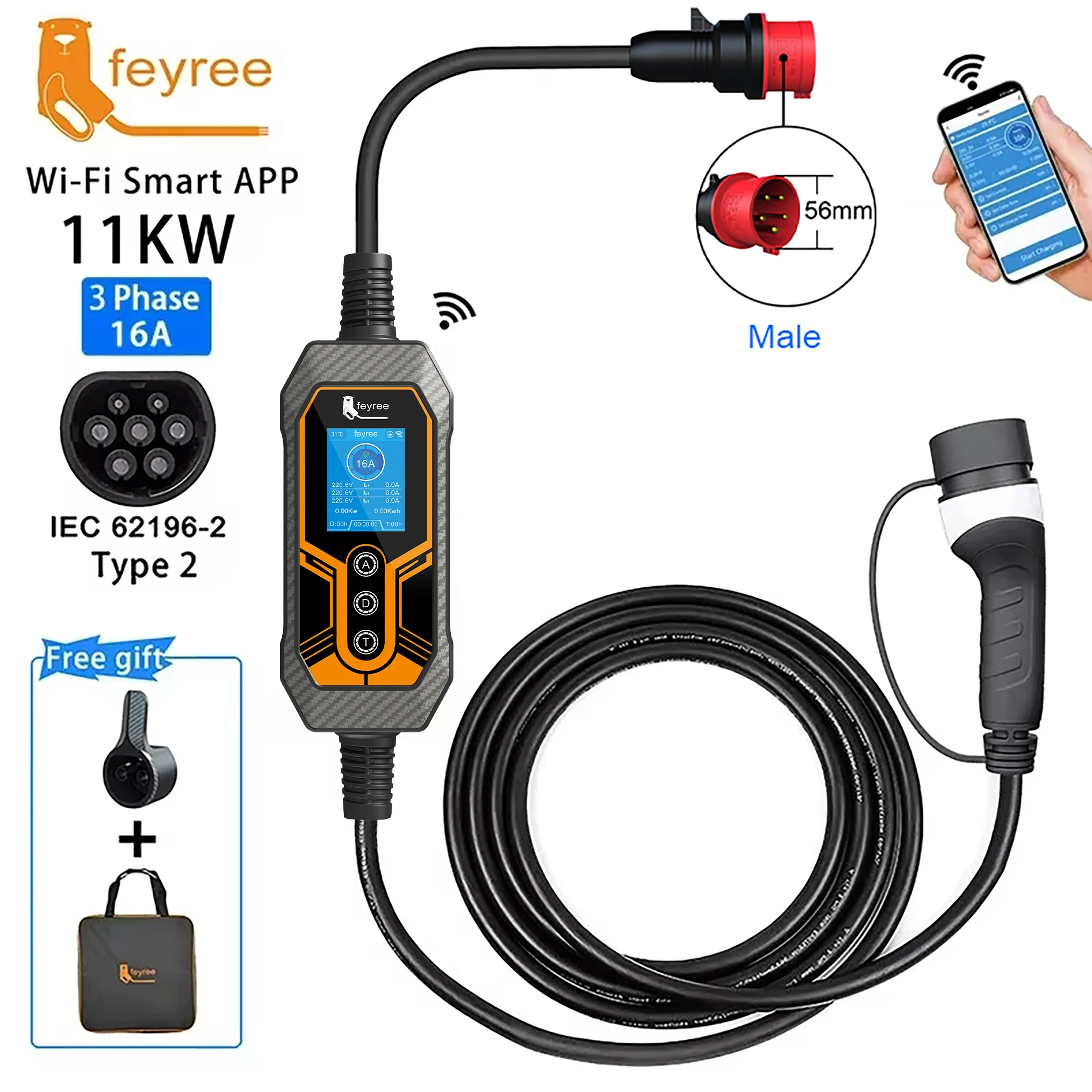 feyree 11KW 16A 3 Phase Type 2 Portable EV Charger Wi-Fi APP Bluetooth Version EVSE Charging Cable 5m CEE Plug for Electric Car