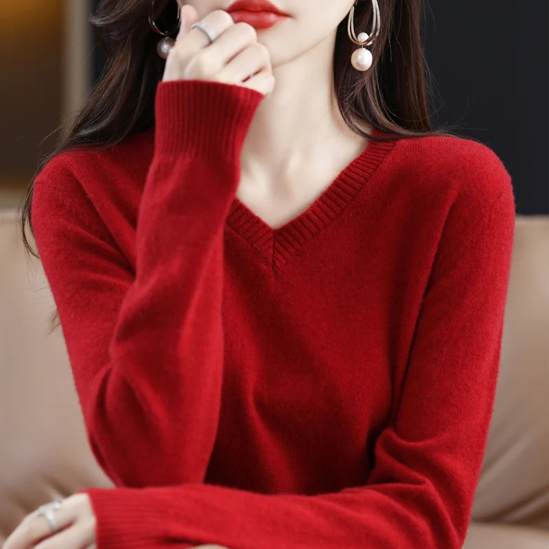 Cashmere Sweater Women Knitted Sweaters 100% Pure Merino Wool 2023 Winter Fashion V-Neck Top Autumn Warm Pullover Jumper Clothes