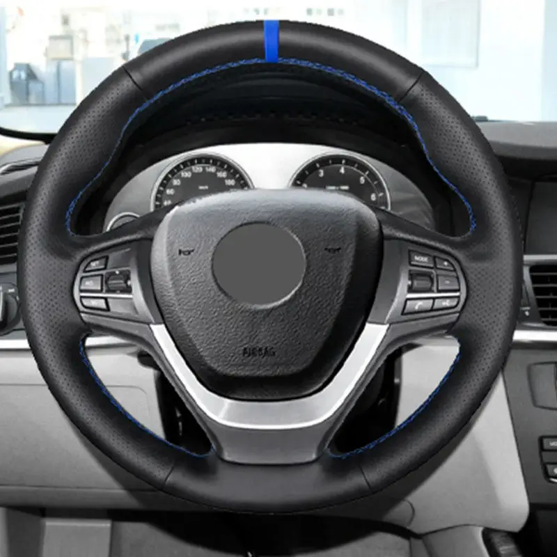 

For BMW X3 F25 2011-2016 X4 F26 2014-2016 X5 F15 2014-2018 Hand-stitched Car Interior Steering Wheel Cover Leather Trim blue bar