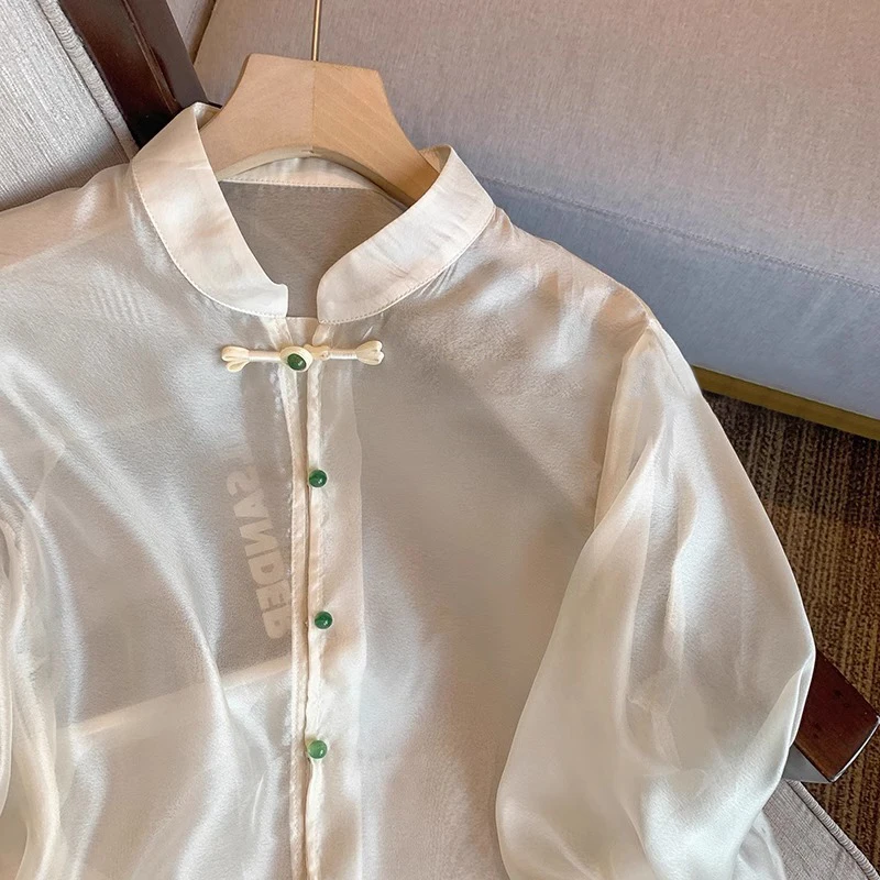Nowa chińska bluzka z haftem, europejski tiul, damska, wiosenno-jesienna, luksusowa, retro, lekka, luźna, zapinana na guziki, długa bluzka.