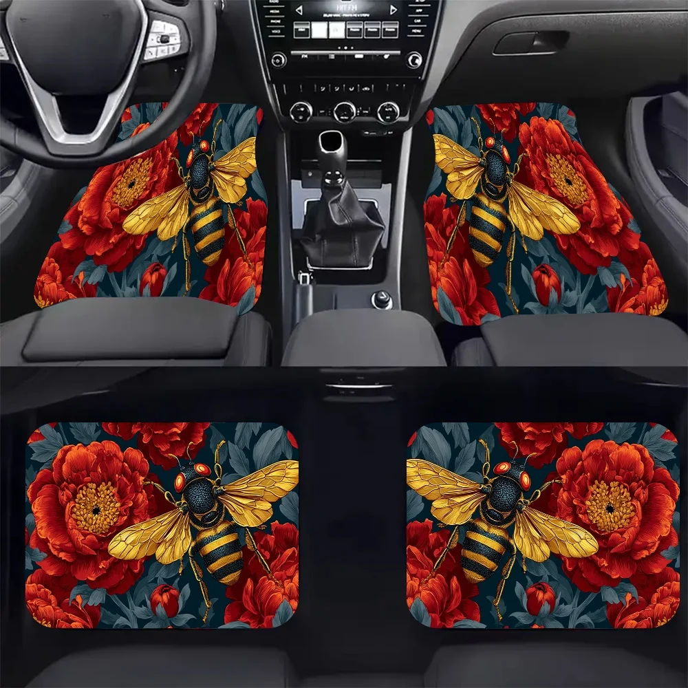 

4 шт.-Золотая пчела на цвете, автомобильные коврики с принтом — стильные, легко чистящиеся, подходят для всех транспортных средств, прочные и обеспечивающие листья
