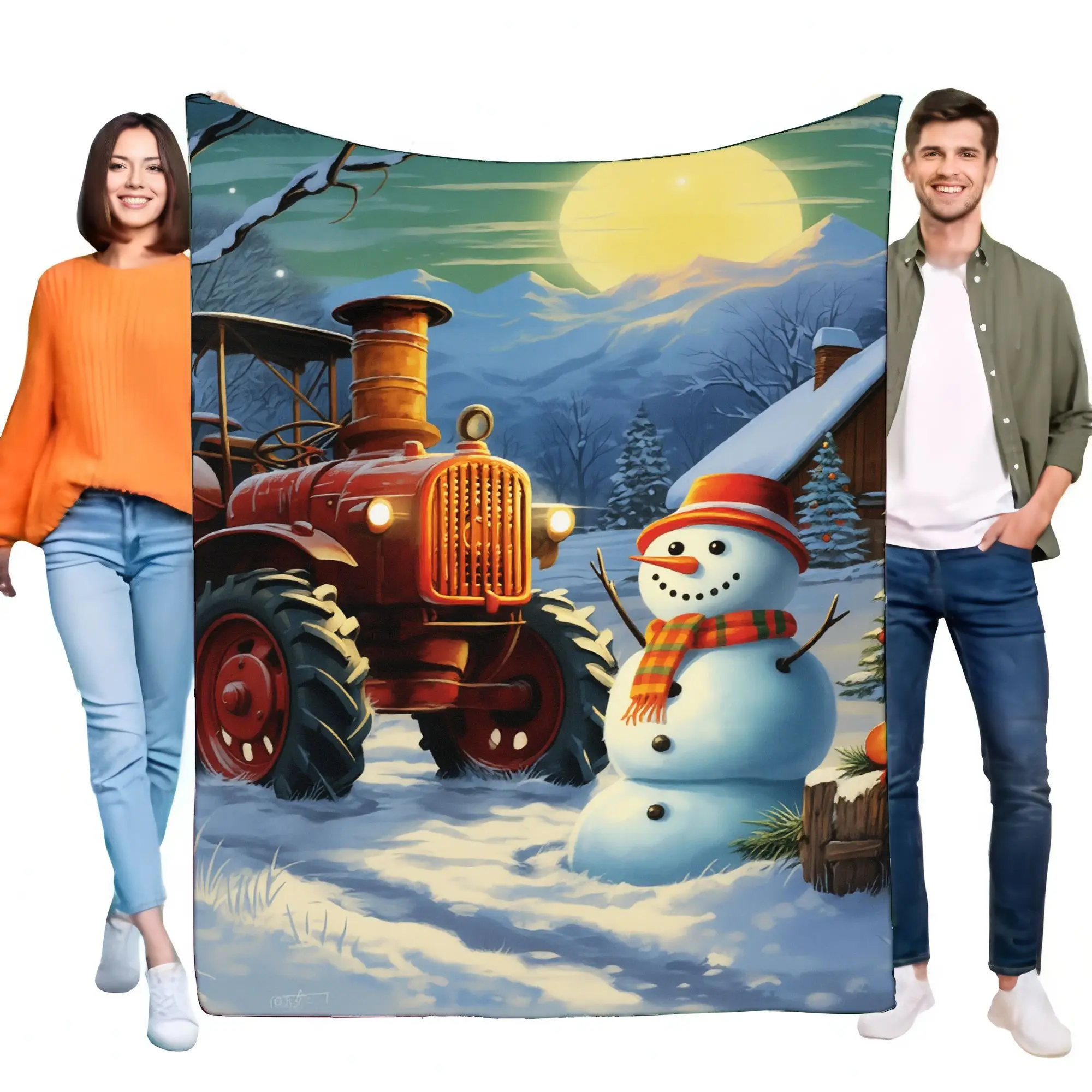 Cozy Winter Blanket with Snowman and Tractor Design, Perfect for Home Decor, Soft and Warm Throw for Sofa or Bed, Great Holiday