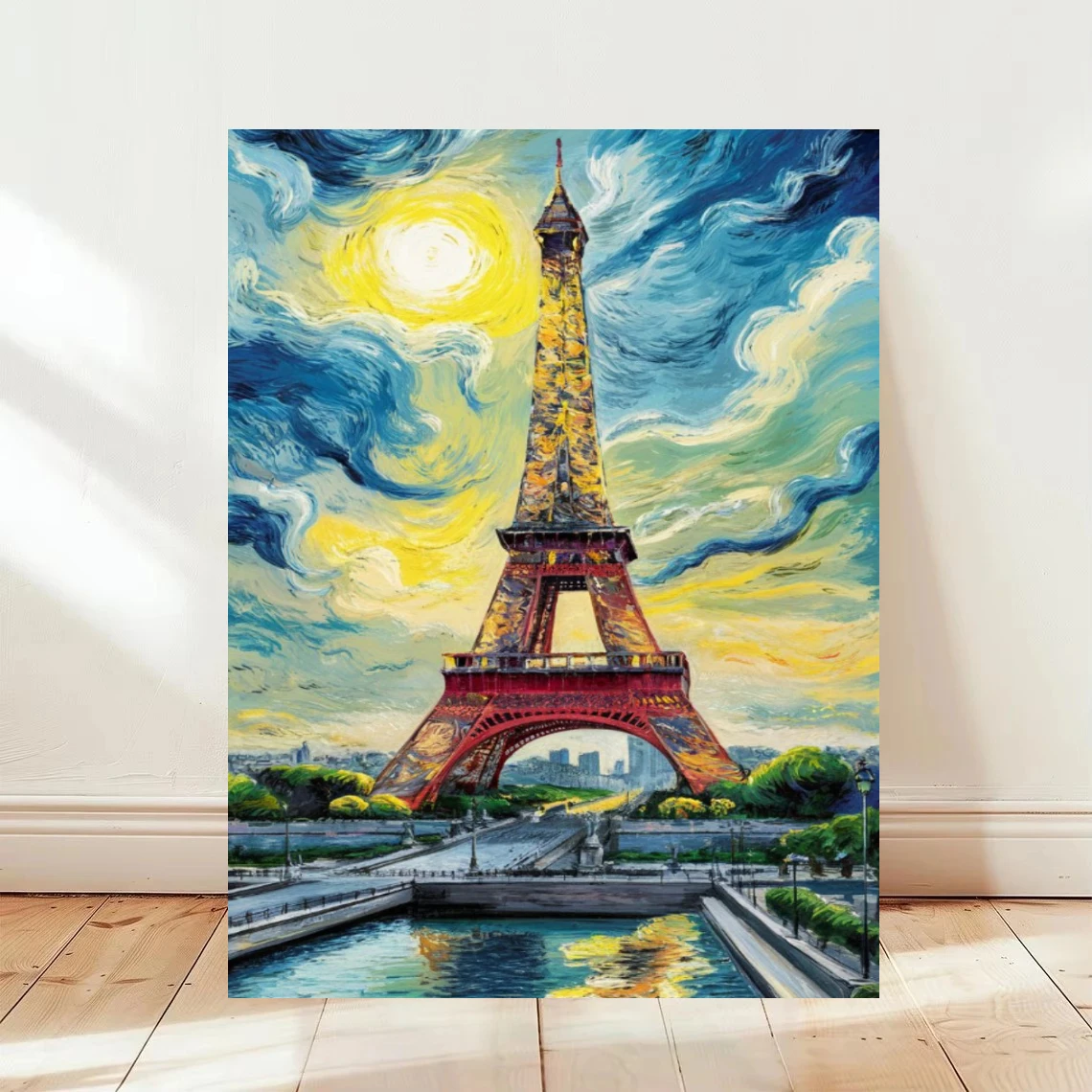 Eiffel Tower Paris with Swirling Sky River Reflection Wall Decor Oil Painting By Numbers for Living Room Bedroom Gift No Frame
