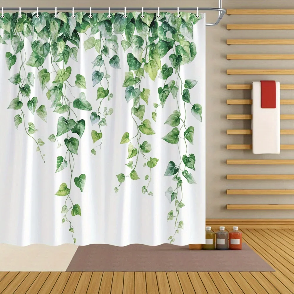 

1 шт., занавеска для душа в ботаническом стиле с зелеными листьями, можно стирать в машине, с крючками, каскадный дизайн лозы в естественном стиле, подходит для ванной комнаты