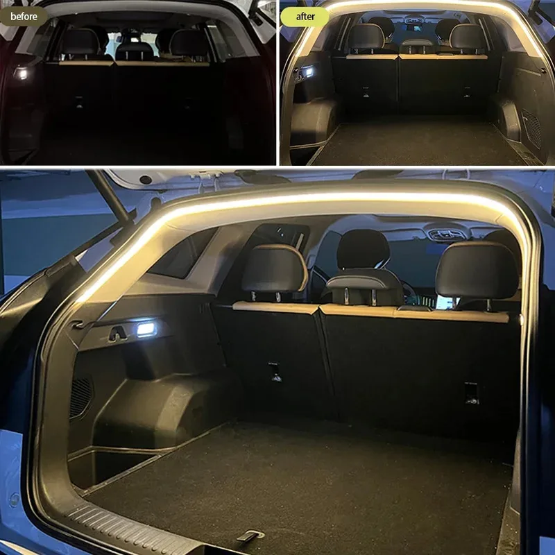 1 set di illuminazione per bagagliaio ad alta luminosità per auto, luce ambientale, decorazione interna, cablaggio a LED, rilevamento automatico gratuito, striscia luminosa per portellone posteriore