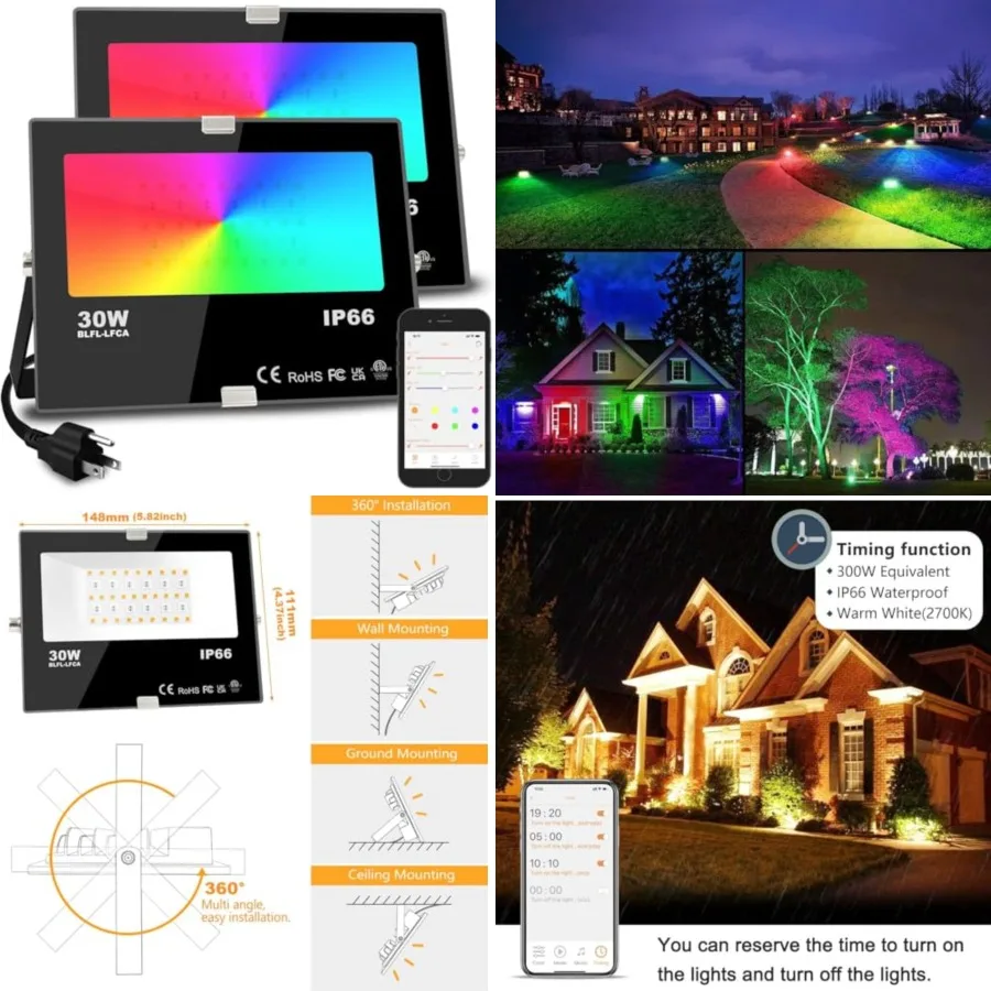 Led Flood Light 30W, 300W Equivalent 3000 LM Outdoor Color Changing Led Stage Landscape Lights, Bluetooth RGBW Smart Floodlight