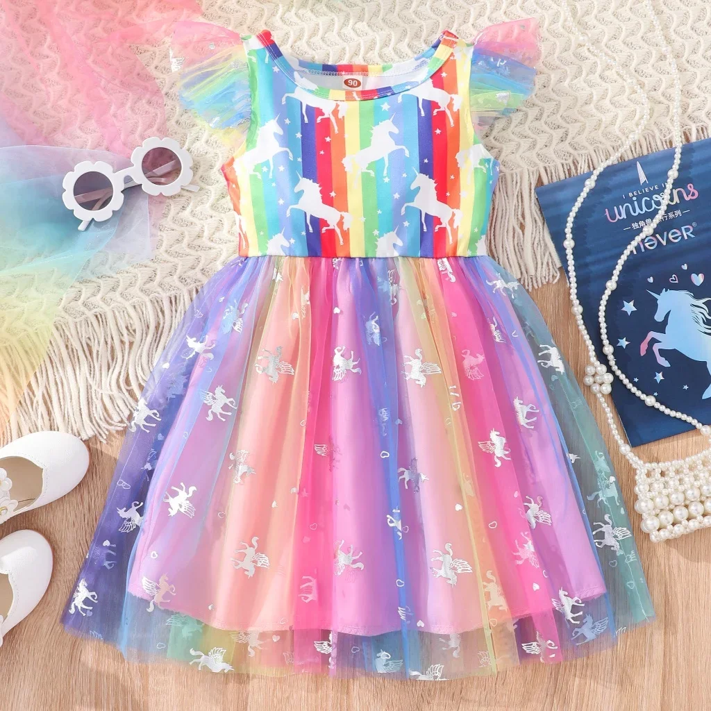 2024 Mesh Dress Baby Girl 1 2 3 4 5 6 Years Old Rainbow Summer Short Sleeve Girl Princess Dress Birthday Toddler Girl Kids Dress