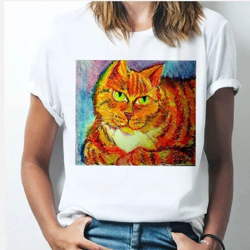 

Oil Painting Cat, Women's Fashion, Individuality, Parody Classic Oil Painting T-shirt, Women's Clothing Top, Harajuku Aesthetics