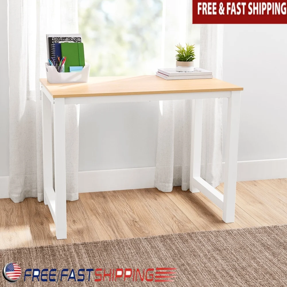 

Spacious Minimalist Writing Desk with Sturdy Metal Frame Natural Teak Finish Ideal Home Office Study Projects