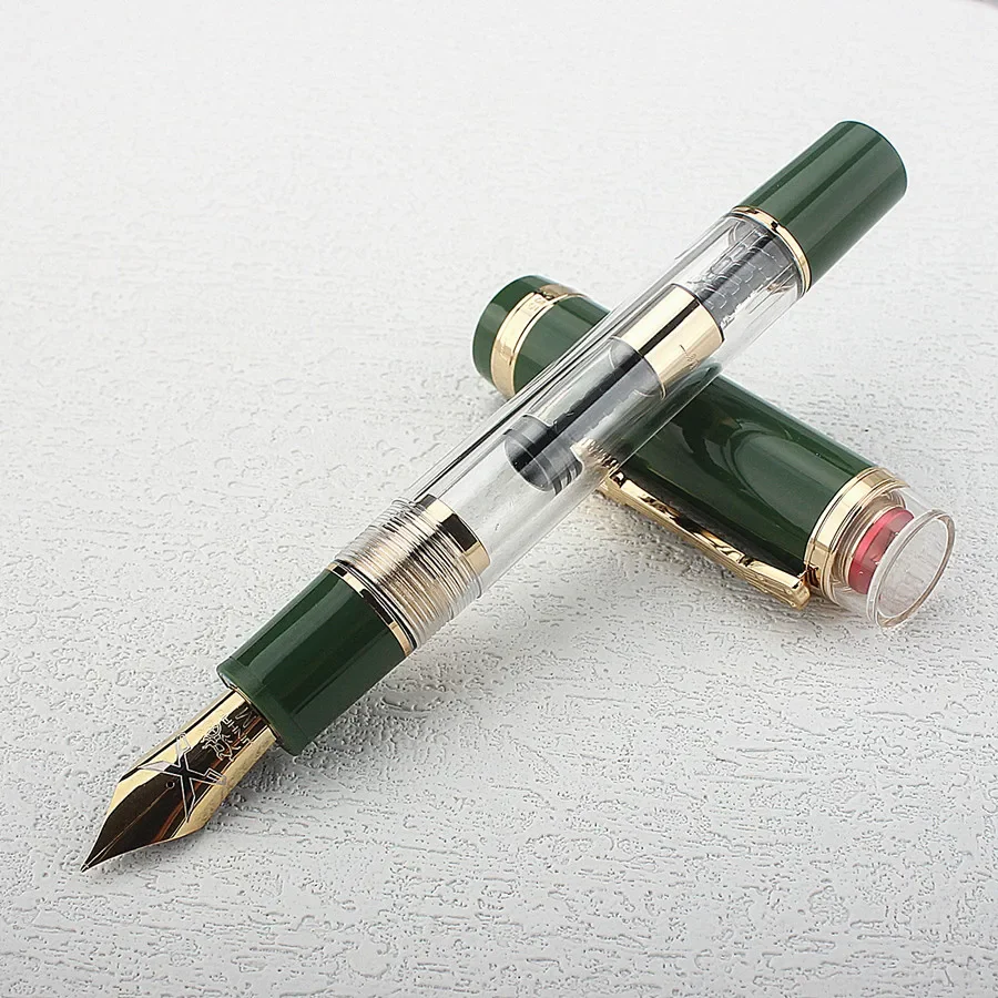 Jinhao 1935 Tiandao Series Fountain Pen F/M Nib with Guitar Clip, Transparent and Green Resin Writing Pen & Large Converter gift