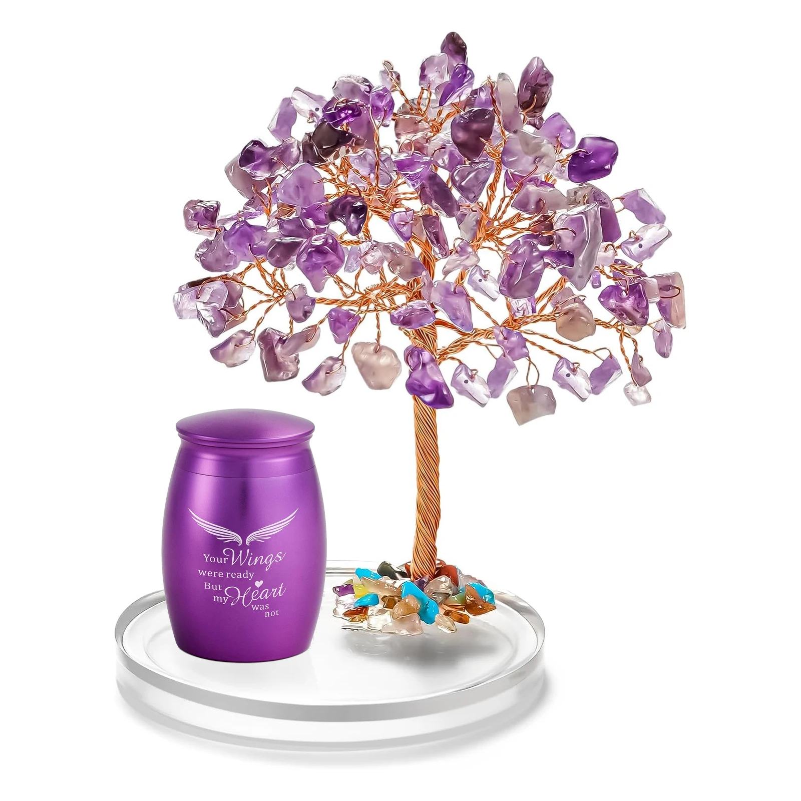 

Small Urns for Ashes Keepsake Set of 2, Angel Wings Mini Urn for Human Pet Ashes with Amethyst Crystal Tree -Decoration Urns