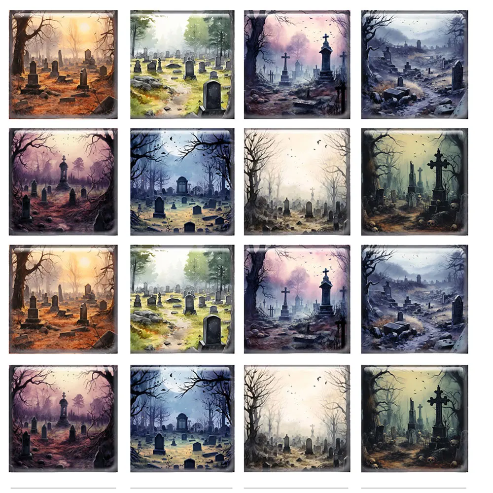 

10pcs/lots Gothic Halloween Cemetery Graveyard Square Photo Glass Cabochon Flatback Demo Flat Back Cameo For Diy Jewelry Making